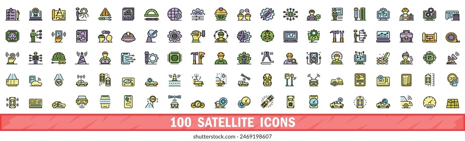 Conjunto de 100 iconos de satélite. Conjunto de línea de color de iconos vectoriales de satélite línea fina de color plana en blanco