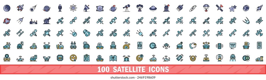 100 satellite icons set. Color line set of satellite vector icons thin line color flat on white