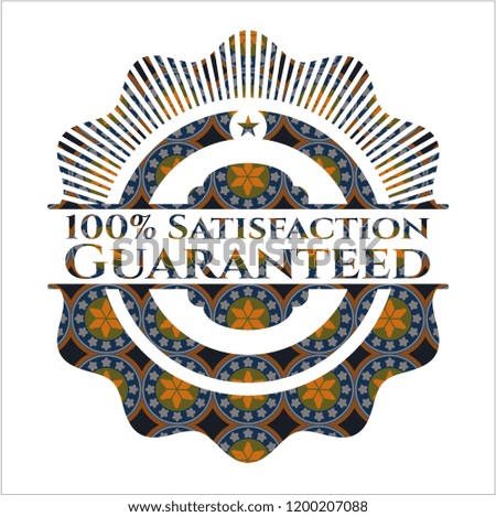 100% Satisfaction Guaranteed arabic style emblem. Arabesque decoration.