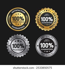 100% de satisfação garantida coleção de crachás. Ouro e prata 100% dinheiro de volta selo, ícone, ilustração vetorial
