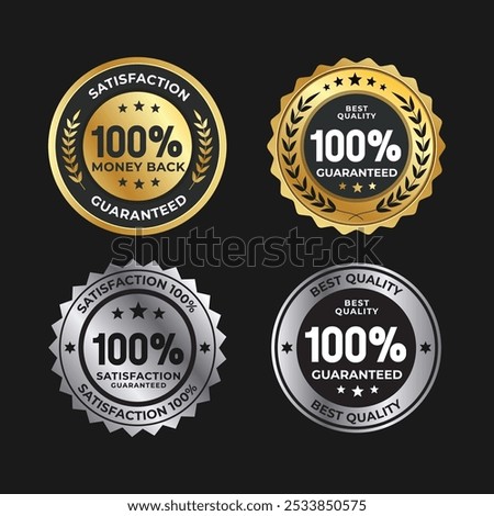 100% satisfaction guaranteed badge collection. Gold and Silver 100% money back stamp, icon, vector illustration
