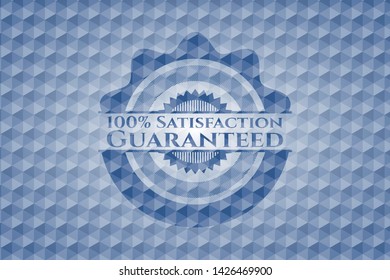 100% Satisfaction Guaranteed blue emblem or badge with geometric pattern background. Vector Illustration. Detailed.