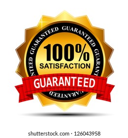 100% SATISFACTION guaranteed gold label with red ribbon vector illustration