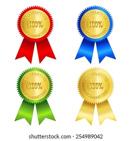 100% satisfaction guaranteed gold seal with red, blue, green, and gold ribbons isolated on white background 