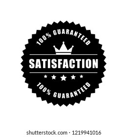 100% satisfaction guaranteed word, five star and crown symbol on circle jagged edge badge vector. Minimalist style, simple design, black and white color.