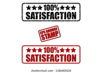 100% satisfaction red and black text grunge rubber ink postage stamp isolated on white background. Grungy vector stencil sticker illustration. Retro shabby poster. Vintage rectangular tag template.