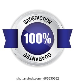 100% Satisfaction Silver badge with blue ribbon.vector illustration
