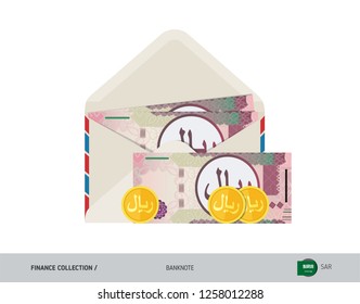 100 Saudi Arabia Riyal Banknote. Flat style opened envelope with cash. Saudi Arabia Riyal banknotes and coins. Salary payout or corruption concept.