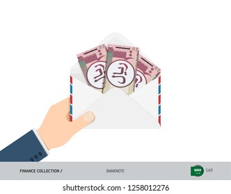 100 Saudi Arabia Riyal Banknotes in envelope hold in hand. Flat style opened white envelope with cash. Salary payout or corruption concept.