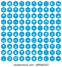 100 scenery icons set in blue hexagon isolated vector illustration