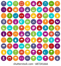 100 scenery icons set in different colors circle isolated vector illustration