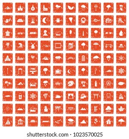 100 scenery icons set in grunge style orange color isolated on white background vector illustration