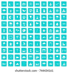 100 scenery icons set in grunge style blue color isolated on white background vector illustration