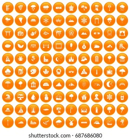 100 scenery icons set in orange circle isolated vector illustration