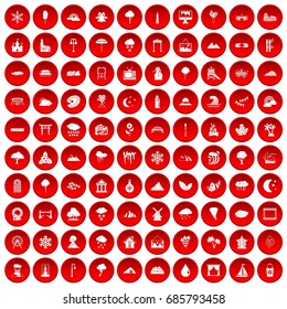 100 scenery icons set in red circle isolated on white vectr illustration