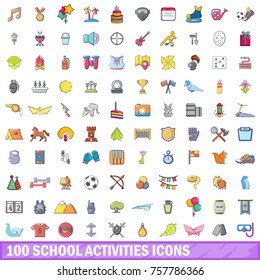 100 school activities icons set. Cartoon illustration of 100 school activities vector icons isolated on white background