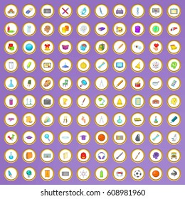 100 school icons set in cartoon style on purple background vector illustration