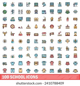100 school icons set. Color line set of school vector icons thin line color flat on white