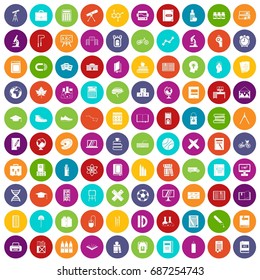 100 school icons set in different colors circle isolated vector illustration