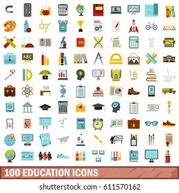 100 school icons set in flat style. Illustration of school icons isolated vector for any design