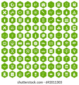 100 school icons set in green hexagon isolated vector illustration