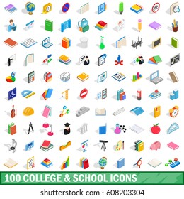 100 school icons set. Isometric 3d illustration of 100 school vector icons set isolated on white background