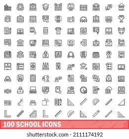 100 school icons set. Outline illustration of 100 school icons vector set isolated on white background