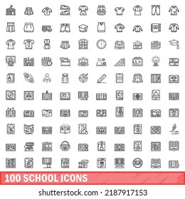 100 Schulsymbole gesetzt. Skizze-Illustration von 100 Schulsymbolen, Vektorgrafik einzeln auf weißem Hintergrund