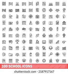 100 Schulsymbole gesetzt. Skizze-Illustration von 100 Schulsymbolen, Vektorgrafik einzeln auf weißem Hintergrund