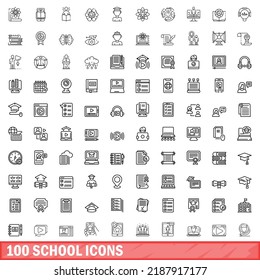100 school icons set. Outline illustration of 100 school icons vector set isolated on white background