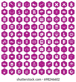 100 school icons set in violet hexagon isolated vector illustration