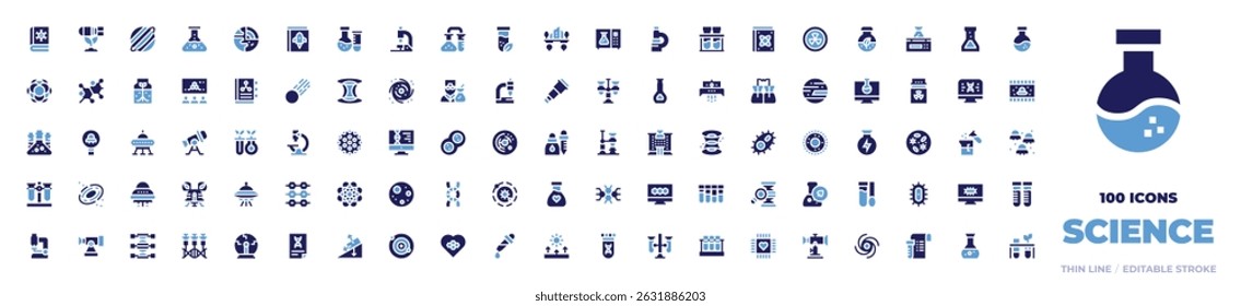 100 Science Icons Collection. Fett. Duotonfarben. Buch, Bombe, Sättigung, Kolben, Geologie, Labor, Mikroskop, Genetik, Rohr, schwimmende Insel, nuklear.