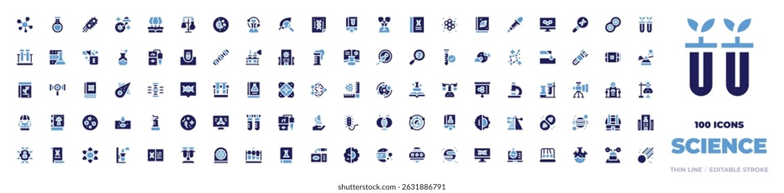 100 Science Icons Collection. Bold style. Duotone colors. molecule, flask, bacteria, ufo, science, laboratory, destroyed planet, leaf, poster, book, electron.