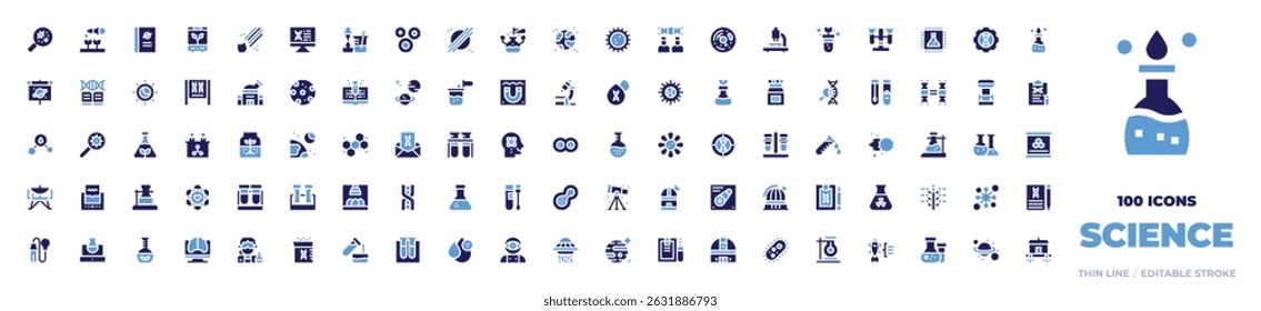 100 Science Icons Collection. Bold style. Duotone colors. bacteria, sprout, book, incubator, meteorite, dna, specimen, stem cells, planet, research, earth, cell.