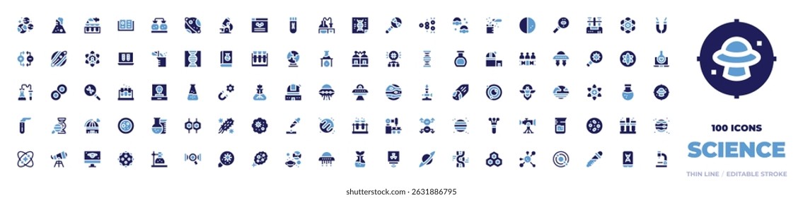 100 Science Icons Collection. Bold style. Duotone colors. planets, flask, test tubes, chemistry, saturn, research, website, test tube, poster, search, jar, atom.
