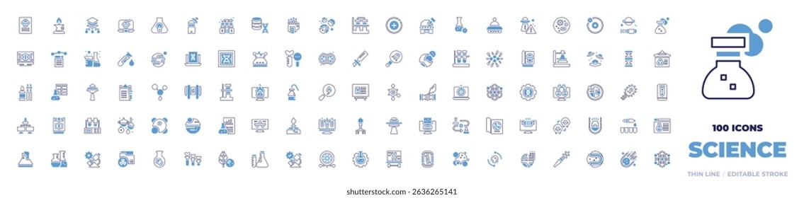 100 Science Icons Collection. Bold line style. Duotone colors. ufo, laboratory, layers, laptop, innovation, observatory, dna, mechanical, planet, flask, proton, pc.