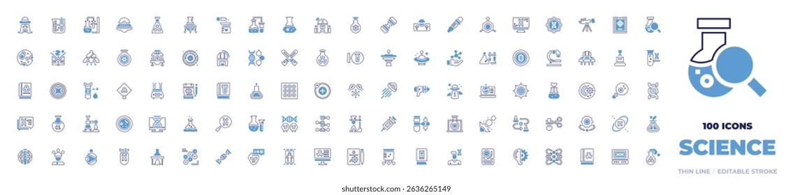 100 Science Icons Collection. Bold line style. Duotone colors. abduction, beaker, chemistry, ufo, sulphite, laboratory, lab, research, observatory, dna, float, flask.