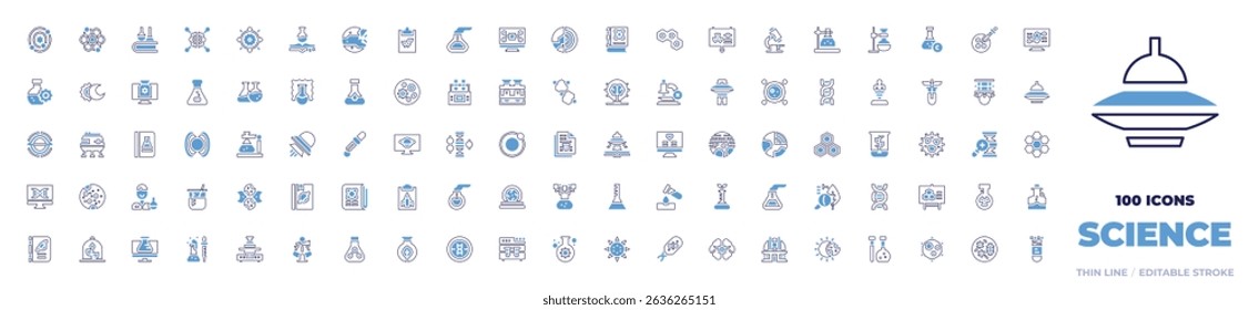 100 Science Icons Collection. Bold line style. Duotone colors. solar system, atom, chemistry, ai, sun, science, planet, flask, digital services, layers, molecule.