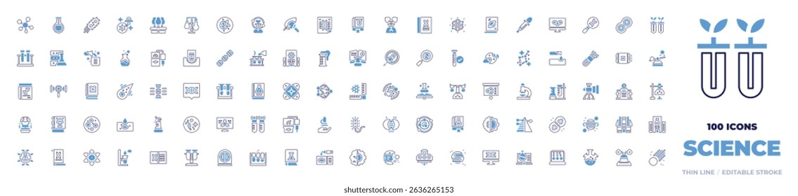 100 Science Icons Collection. Bold line style. Duotone colors. molecule, flask, bacteria, ufo, science, laboratory, destroyed planet, leaf, poster, book, electron.