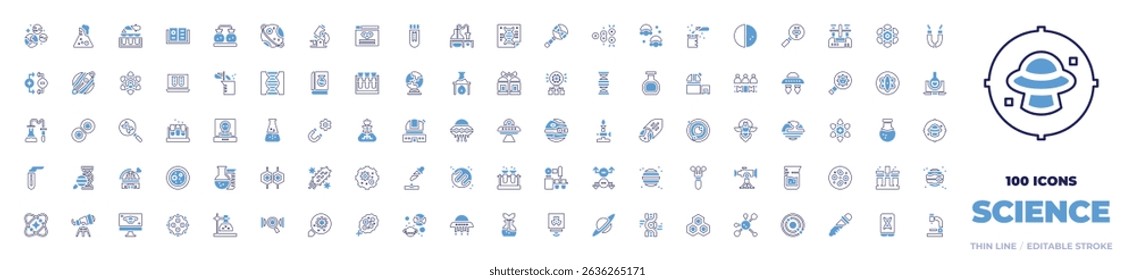 100 Science Icons Collection. Bold line style. Duotone colors. planets, flask, test tubes, chemistry, saturn, research, website, test tube, poster, search, jar, atom.