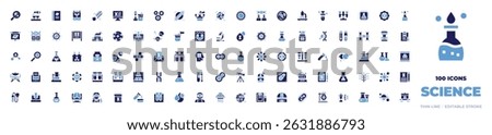100 Science Icons Collection. Bold style. Duotone colors. bacteria, sprout, book, incubator, meteorite, dna, specimen, stem cells, planet, research, earth, cell.