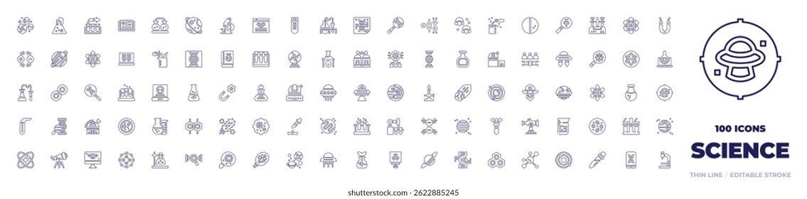 100 Science Icons Collection. Line style. Editable stroke. planets, flask, test tubes, chemistry, saturn, research, website, test tube, poster, search, jar, atom.