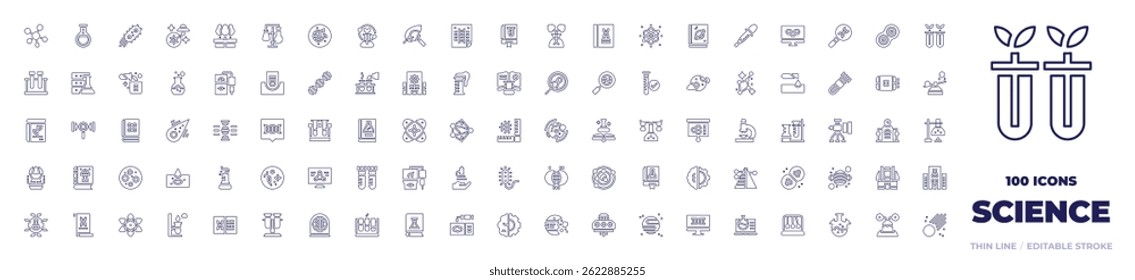 100 Science Icons Collection. Line style. Editable stroke. molecule, flask, bacteria, ufo, science, laboratory, destroyed planet, leaf, poster, book, electron.