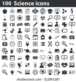 100 science icons set, black, on white background