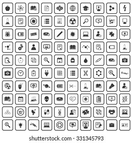 100 science icons set, black, on white background