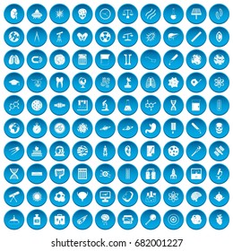 100 science icons set in blue circle isolated on white vector illustration