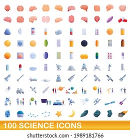 100 science icons set. Cartoon illustration of 100 science icons vector set isolated on white background