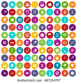 100 science icons set in different colors circle isolated vector illustration