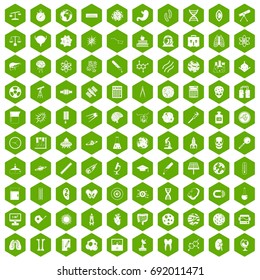 100 science icons set in green hexagon isolated vector illustration