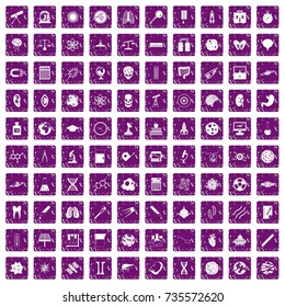 100 science icons set in grunge style purple color isolated on white background vector illustration